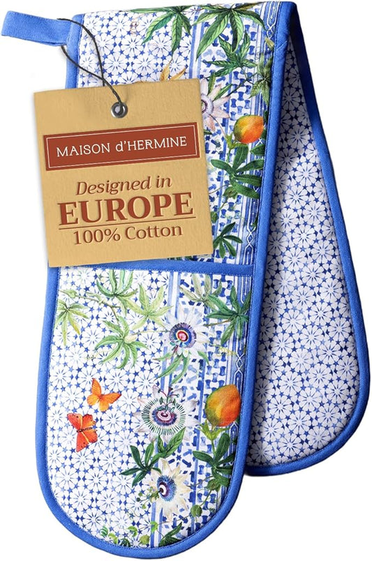 Maison d' Hermine Double Oven Mitts 100% Cotton 7"x35" Double Oven Mitt Heat Resistant BBQ Cooking Gloves with Loop, Baking, Grilling, Home, Kitchen, Handling Hot Pans Spring Summer (Passiflora)