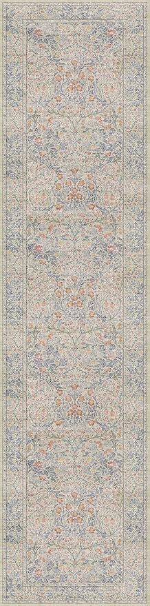 Vintage Beige Blue 3x12 Runner Rug for Hallway, Kitchen, Bathroom, Entryway Indoor, Washable Non Slip Rubber Backing Stain Resistant - Botanical Home Decor