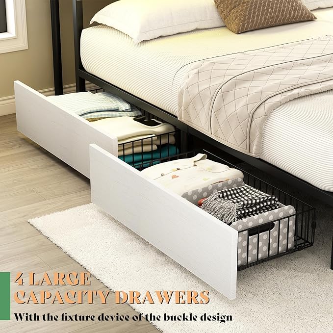 AMERLIFE Full Size Bed Frame with Bookcase Headboard and 4 Storage Drawers, Wooden Platform Bed with Charging Station and LED Light, No Box Spring Needed/Noise-Free, White