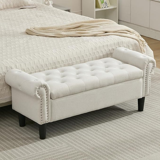Storage Bench, 50" Queen End of Bed Bench, Linen Tufted Button Upholstered Bedroom Bench, Storage Ottoman with Rolled Arms, Window Bench with Storage, for Living Room, Entryway Beige