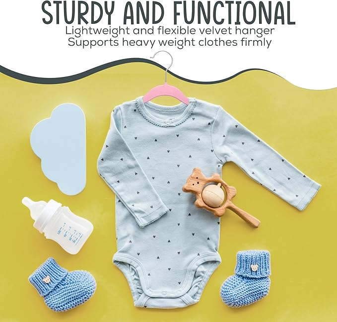 25 Premium Baby Velvet Hangers - 11.8 Inches Non-Slip & Ultra-Slim Baby Hangers for Space-Saving & Children Clothes - 360 Swivel Hook, Strong & Durable Infant & Toddler Clothes Hanger - Pink