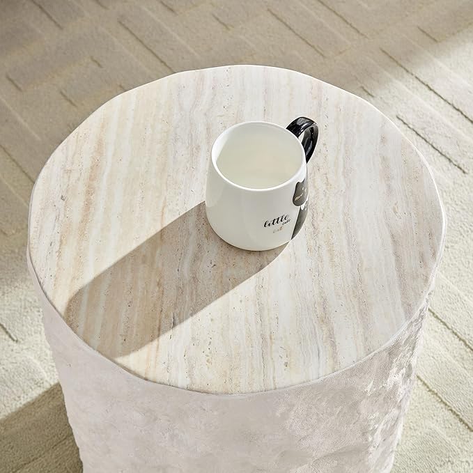 Round Fiberglass Coffee Table for Living Room,15.75 Inch Side Table for Bedroom,Modern Design Imitation Stone End Table for Apartment,No Need Assembly,Beige