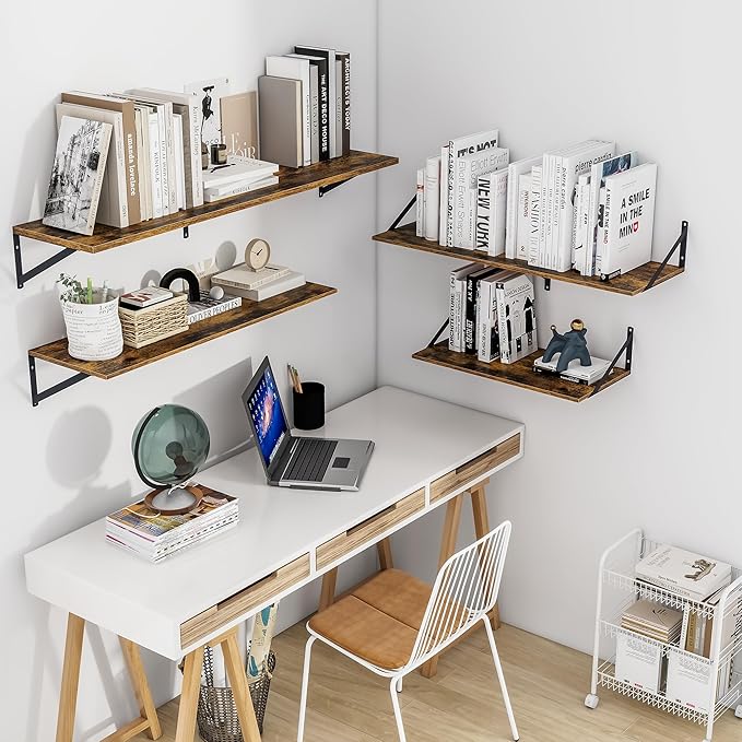 Heimlove Deep Floating Shelves for Wall, 36W x 12D Wood Wall Shelves Set of 2, Wide Floating Bookshelf for Living Room, Kitchen, Office, Bedroom and Decor Storage, with Metal Bracket - Rustic Brown