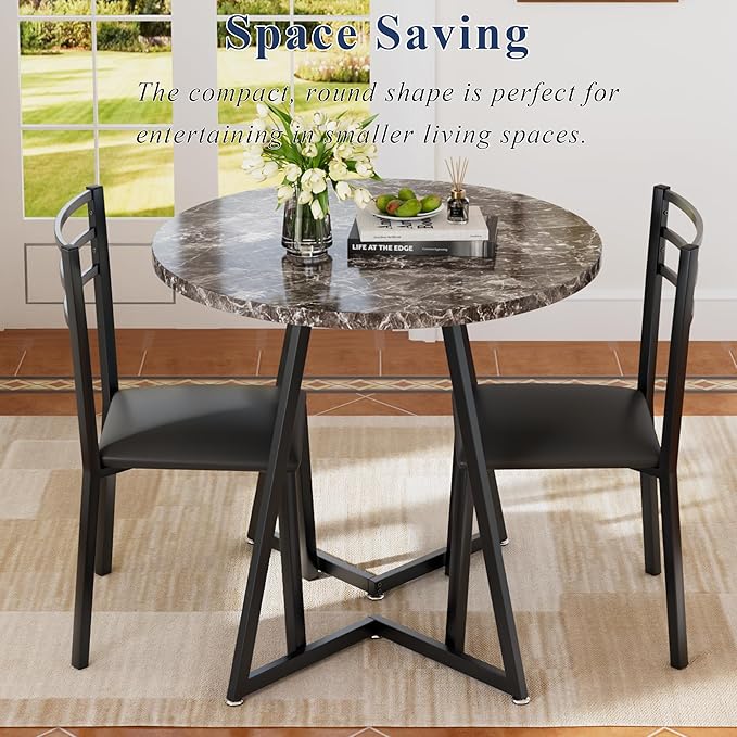 VECELO Small Round Dining Table Set for 2, Wood Tabletop with Strong Metal Frame, Modern Dinette with Chairs for Kitchen, Breakfast Nook Living Room, Faux Marbled & Grey