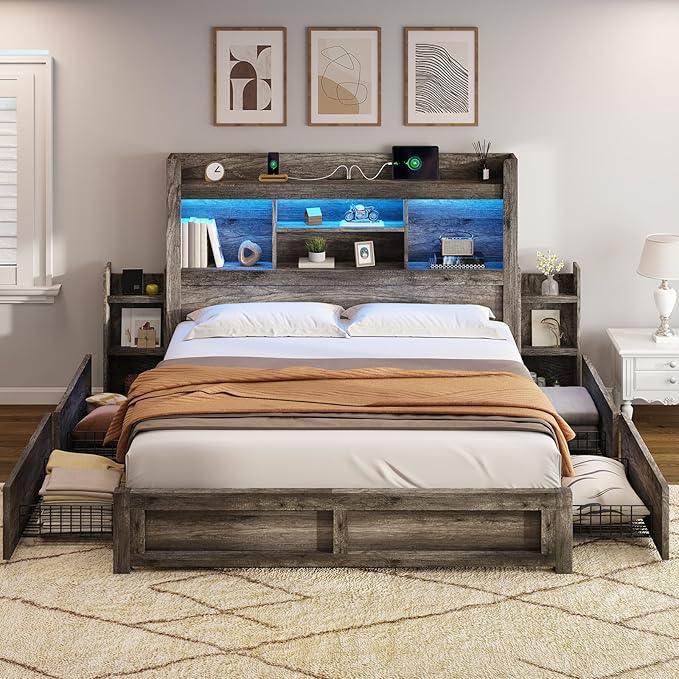 AMERLIFE Full Size Bed Frame with 4 Storage Drawers, LED Bed Frame with 49“ Tall Bookcase Headboard, Wood Platform Bed with Charging Station & 2 Slide Bedside Shelf, No Box Spring Needed/Rustic Grey
