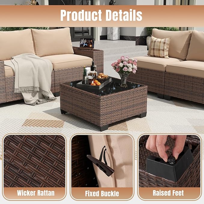 Aoxun 13 Pieces Patio Furniture Set with 44” Fire Pit Table Wicker Rattan Outdoor Sectional Conversation Set with Coffee Table and 4” Thickened Cushions, Beige (Waterproof Cover Included)