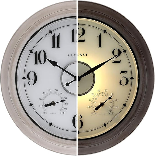 CLXEAST 18 Inch Illuminated Outdoor Clock with AI Smart Sensor, Large Farmhouse Wall Clock with Temperature & Humidity,Weathered White Finish,Unique House Warming Gifts