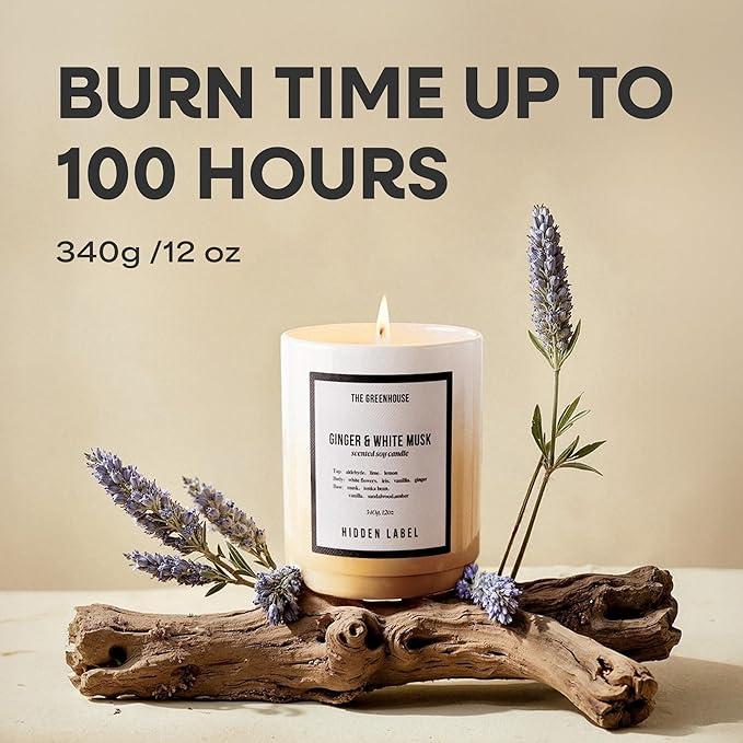 Ginger & White Musk Soy Candle, 12oz Natural Soy Wax Non Toxic, 75 Hours Burn Time,Clean Burn, Aromatherapy Candles for Home Scented, Stress Relief, Meditation, Yoga & Relaxation