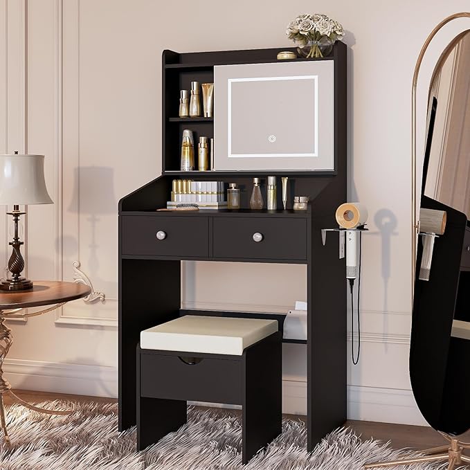 Vanity, Small Vanity Desk with Sliding Mirror, Dimmable LED Lights, 2 Drawers,Vanity Table Ideal for Bedroom (Black)