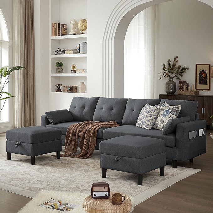 101" Convertible Sectional Sofa, Modern Linen Fabric U-Shaped Couch with 2 Storage Ottomans and Storage Pocket, 4 Seat Sofa Couches for Living Room, Apartment, Office, Darkgrey