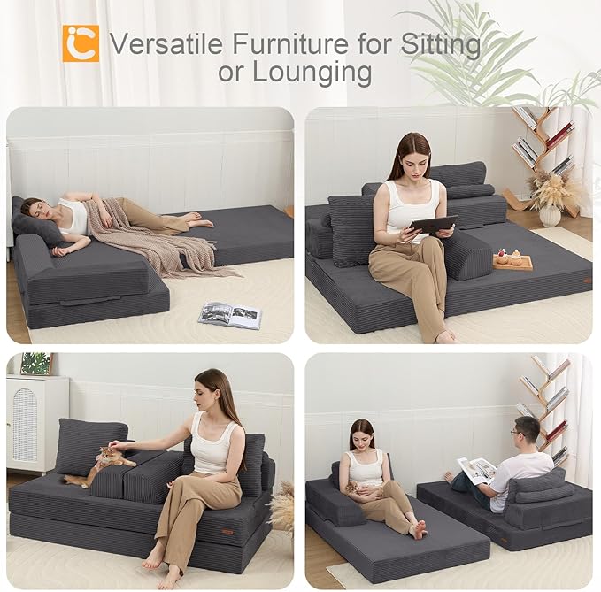 COMAX Convertible Sofa Bed, Folding Floor Couch Corduroy Fold Out Couch Bed Futon Sleeper Mattress with Pillows, Boneless Sofa Comfy Lounge Loveseat for Living Room Bedroom, Grey
