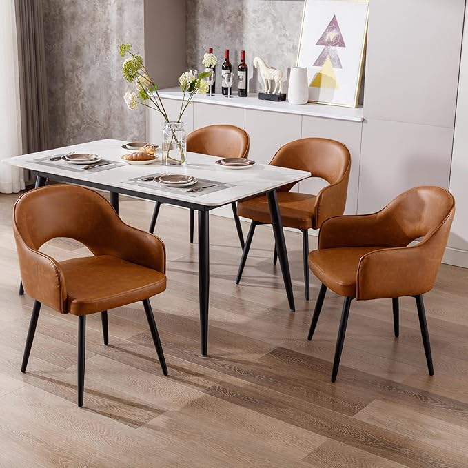 DUOMAY Swivel Dining Arm Chair Set of 4 PU Leather Upholstered Side Chair Modern Accent Guest Chair Home Office Desk Chair for Dining Room Living Room Office, Brown