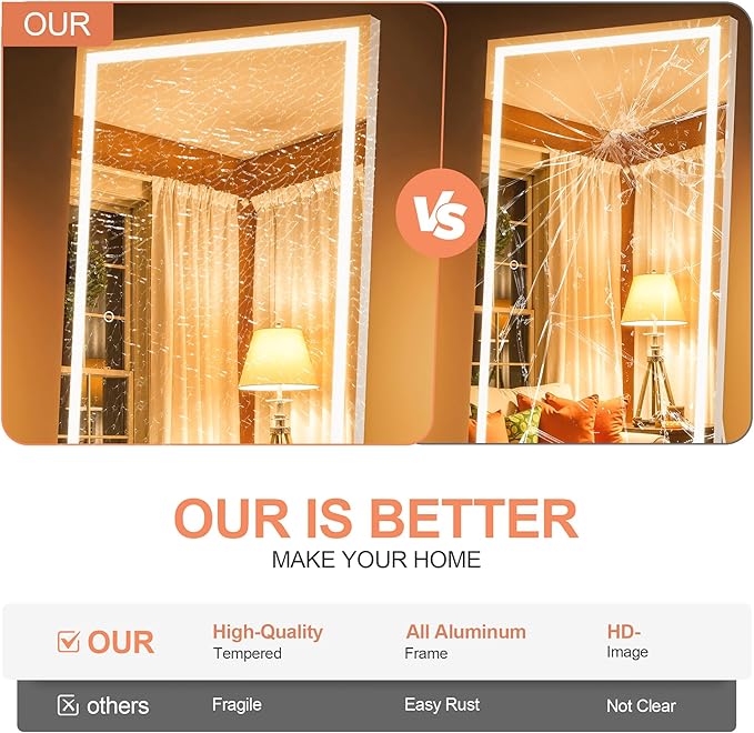 Full Length Mirror with Lights, 71" x 24" LED Lighted Floor Standing Mirror, Tempered Glass, Square White