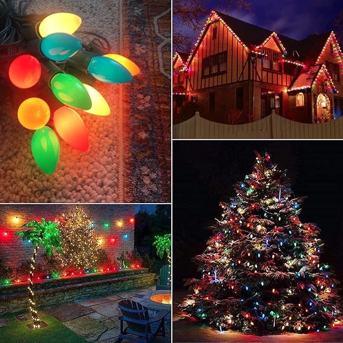 C7 LED String Lights,25Ft Retro Ceramic Multicolor Lights with 27 Vibrant LED Bulbs (2 Spare) on Green Wire–Perfect for Christmas, Parties, Backyard & Wedding Décor