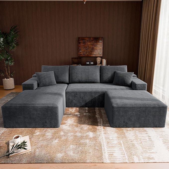 3-Piece Boneless Modular Sectional Sofa, Cloud Couch, Right Facing Chaise with Ottoman, Oversized Deep Seat, Soft Corduroy Fabric, Sectional Couch for Living Room-Grey