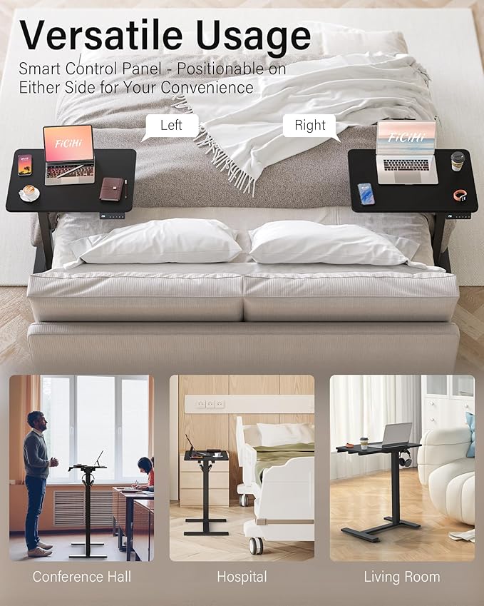 FiCiHi Small Electric Standing Desk - Adjustable Height Bedside Laptop Table with Wheels, Mobile, Rolling Computer Sit Stand Desks, Movable, Home Office, Sofa, Couch Use (24x16,Black)