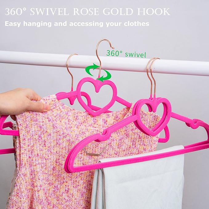 Hot Pink Velvet Hangers 50 Pack, Premium Non-Slip Heart Hanger, 360° Swivel Rose Gold Hooks, Space Saving Slim Hanger, Durable & Cute Clothes Hanger for Adult