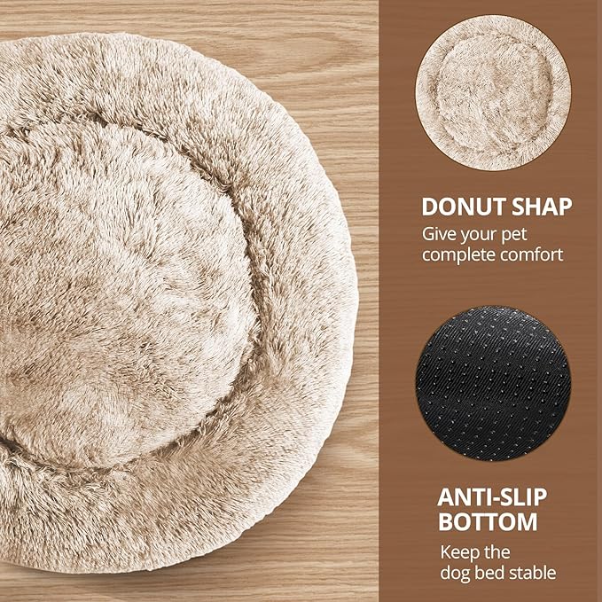 JOLLYVOGUE Calming Dog & Cat Bed for Small Dogs, Anti-Anxiety Donut Cuddler Cozy Soft Round Bed with Anti-Slip Bottom, Fluffy Faux Fur Plush Cushion Beds for Small Medium Dogs (27")