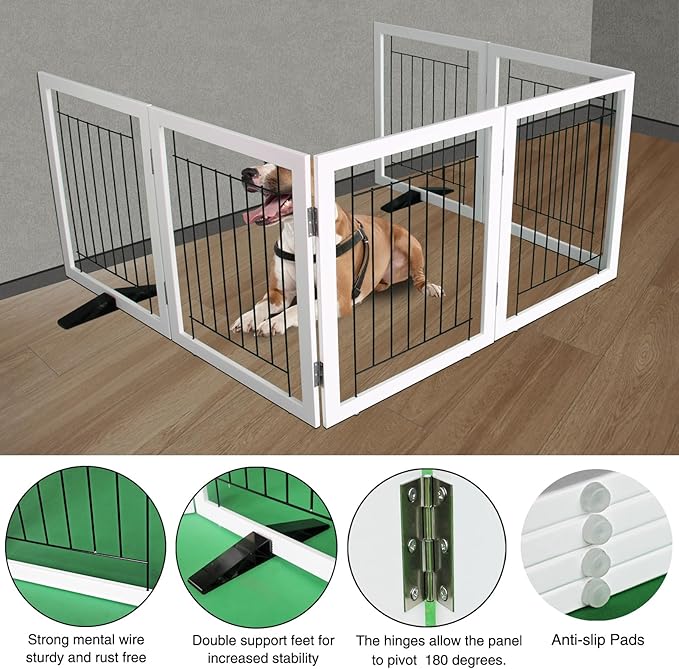 ZJSF Freestanding Dog Gate Indoor, Foldable Dog Fence for Doorways,Hallways or Stairs, Sturdy Wood Extra Wide Pet Gate with Support Feet,White,32 "Height-6 Panels