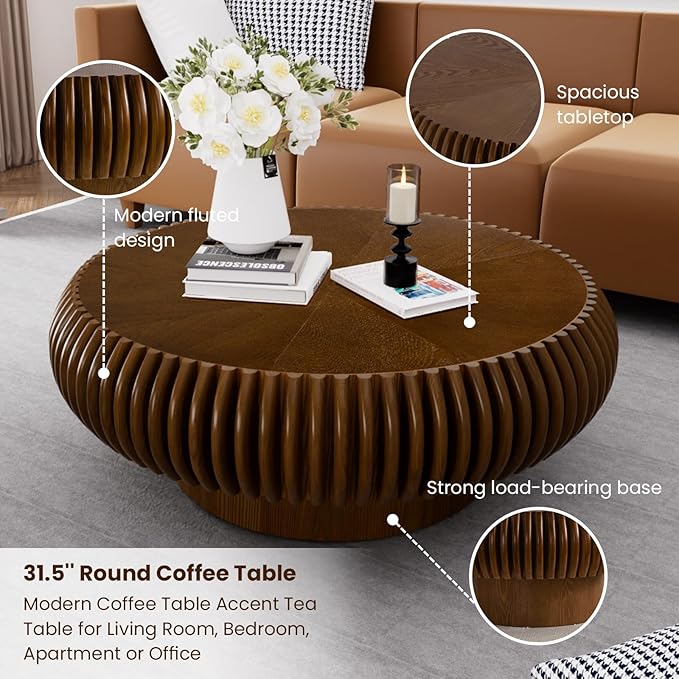 Round Drum Coffee Table for Living Room, Mid Century Modern Coffee Table with Sturdy Pedestal, Farmhouse Fluted Circle Center Table Accent Tea Table for Apartment (31.5" Walnut)