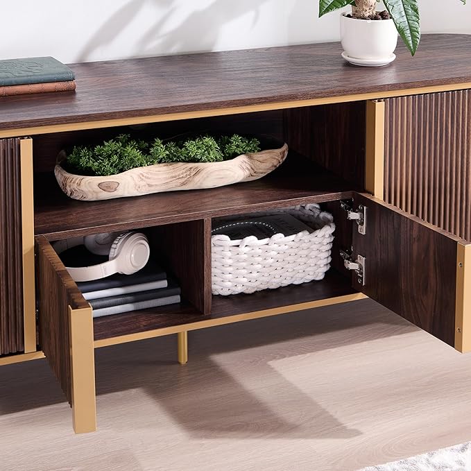 OKD Luxury 70" Fluted TV Stand, Modern Chic Entertainment Center for TVs Up to 80 inches, TV Console with Faux Marble Top, Curved Profile Design, Media Console for Living Room, (Dark Walnut)