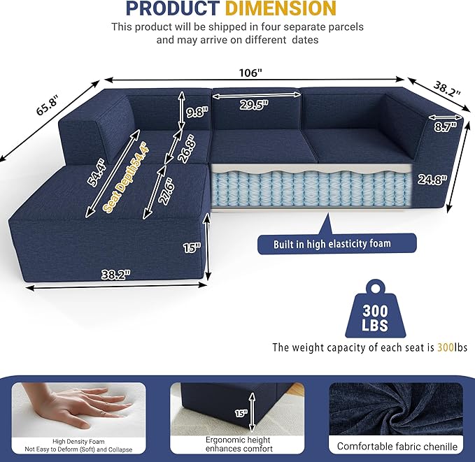 106" Sectional Compressed Sofa Modular Couches L-Shape with Chaise,High-Density Foam No Assembly Required,4-Piece(2xCorner 1xArmless 1xOttoman) for Living Room Chenille Blue