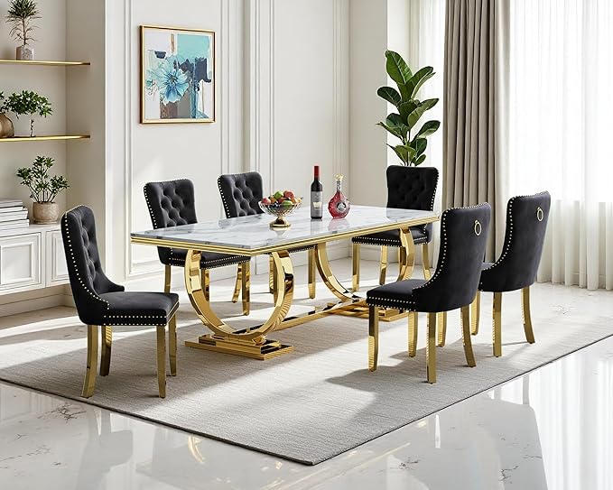 Goujxcy 68" Faux Marble Dining Table Set for 6, 7-Piece Dining Set with White Gold Kitchen Table and 6 Velvet Tufted Chairs, Modern Rectangular Dining Room Table with O-Shape Stainless Steel Base