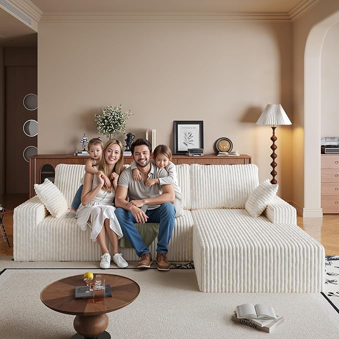 108" Sectional Couches for Living Room, Modular Sectional Sofa with L-Shape Chaise, Boneless Couch, Comfy Corduroy Fluffy Couch with Deep Seat and Side Pockets, No Assembly Required