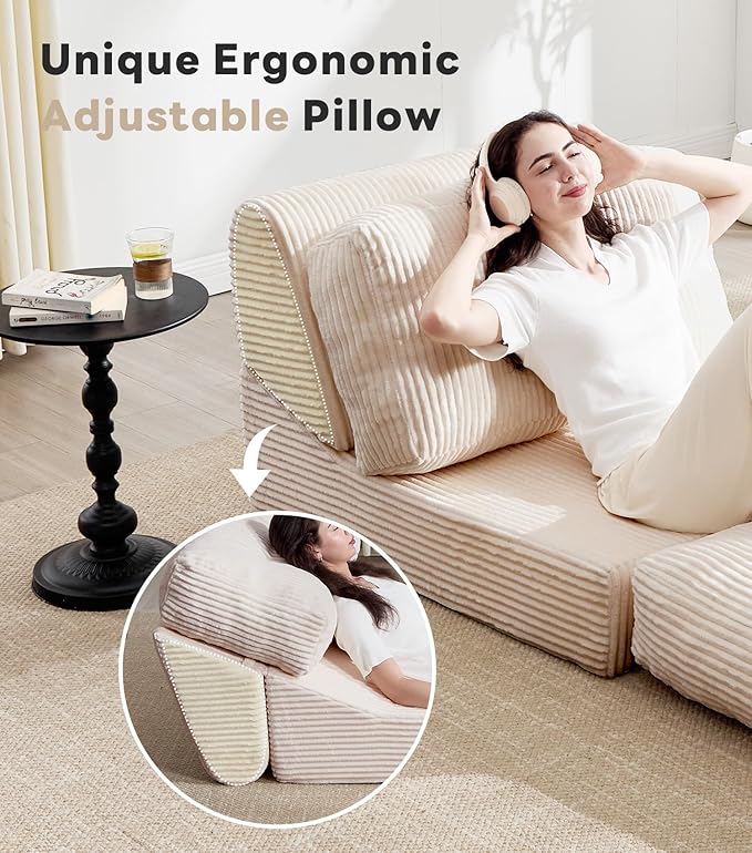 Tbfit Folding Sofa Bed, Convertible Sleeper Chair with Large Pillow, Corduroy Folding Couch Bed, Portable & Foldable Mattress Boneless Floor Sofa for Living Room, Bedroom, Office, Khaki, Single