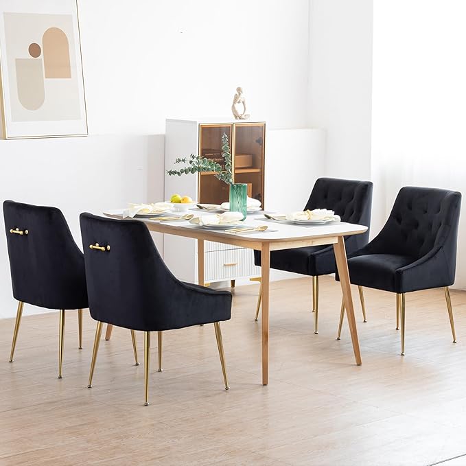 Modern Dining Chair Set of 4, Mid-Century Room Chair, Upholstered Comfortable Velvet with Back Pull Rod and Metal Legs for Kitchen, Dining, Living (Black), (DYXSD)
