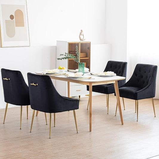 Modern Dining Chair Set of 4, Mid-Century Room Chair, Upholstered Comfortable Velvet with Back Pull Rod and Metal Legs for Kitchen, Dining, Living (Black), (DYXSD)