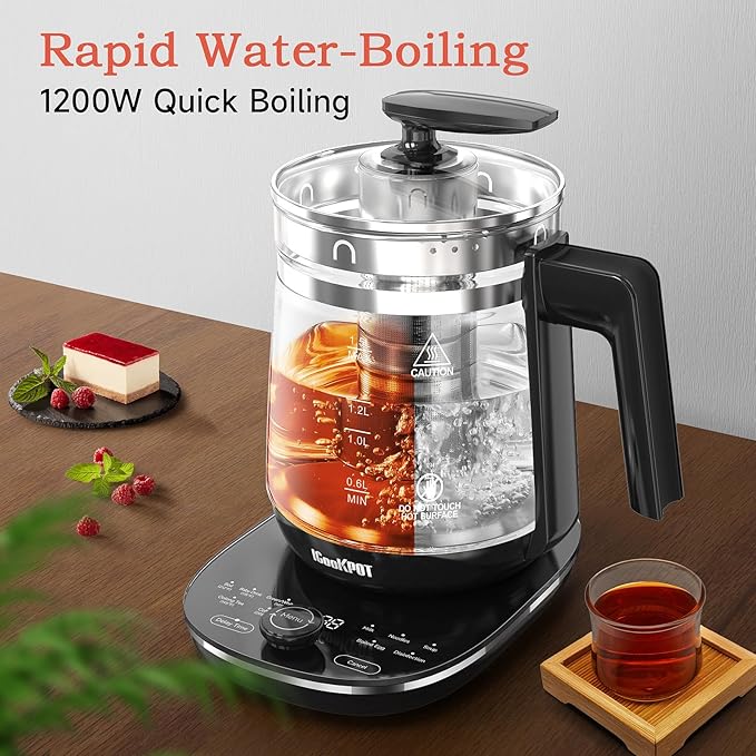 Hot Tea Maker Glass Electric Kettle with Infuser and Temperature Control,1.5L Stainless Steel 1200W Rapid Boiling,Programmable Control for your Favorite Teas and Coffee,Black