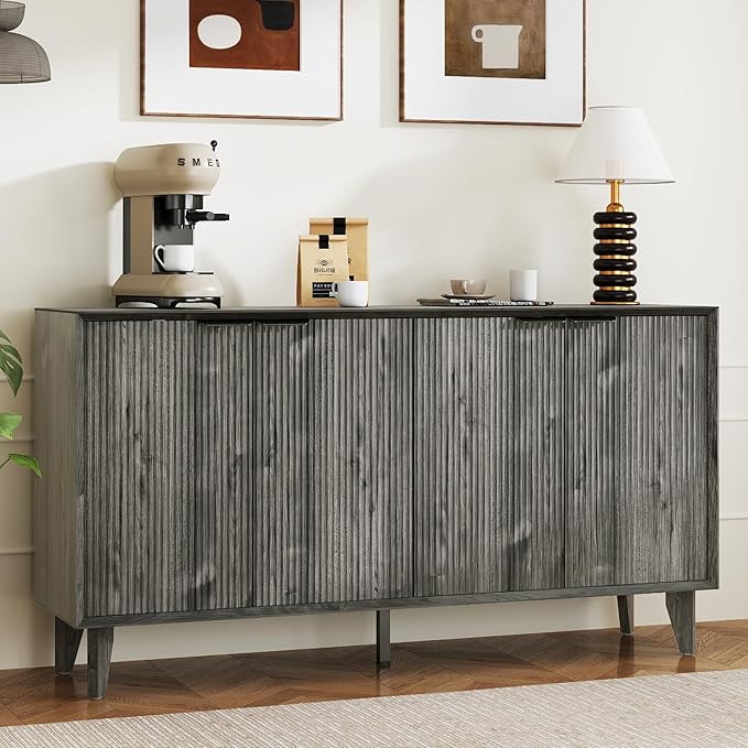 Fluted Cabinet with Storage, Buffet Storage with 4 Doors, Buffet Sideborad Accent Cabinet with Adjustable Shelves for Living Room, Kitchen, Entry, Hallway, Black&Grey