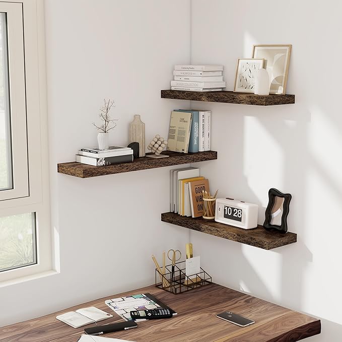 Floating Shelves for Wall, 32W x 8D Floating Wall Shelves with Invisible Brackets Set of 2, Hanging Rustic Wood Shelf Decoration for Bedroom, Bathroom, Living Room and Kitchen, Rustic Brown