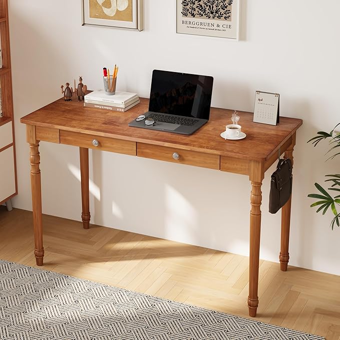 Solid Wood Desk with Drawers - 48 Inch Writing Desk with Drawers, Mid Century Modern Desk with 2 Hooks, Rubber Wood Study Table for Bedroom, Living Room & Office, Walnut Color