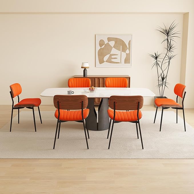 Modern PU Leather Dining Room Chairs Set of 6, Upholstered Kitchen Chairs with Walnut Bentwood Back and Metal Legs Adjustable Feet for Kitchen Dining Room(Orange)