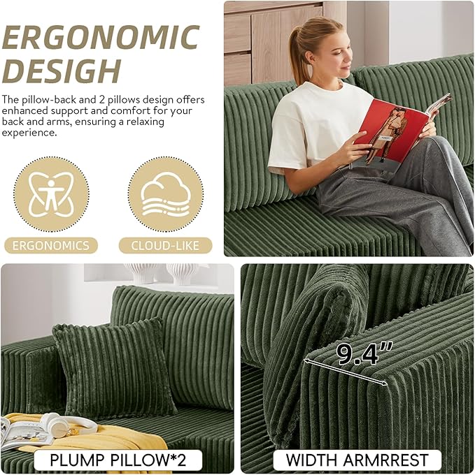 134 Inch Cloud Sectional Couch for Living Room,Corduroy Boneless Couches with L-Shape Chaise,Modern Modular Sectional Sofa with Deep Seat,No Assembly Required (Green, U-Shaped Sofa)