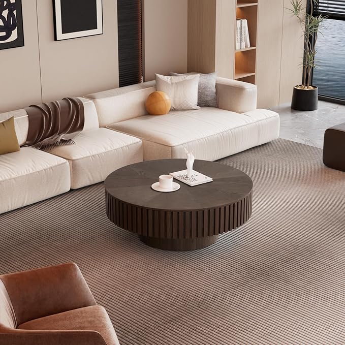 Round Drum Coffee Table with Storage for Living Room, Mid Century Modern Coffee Table with Sturdy Pedestal, Farmhouse Fluted Circle Center Table Accent Tea Table (31.5" Brown with Storage)