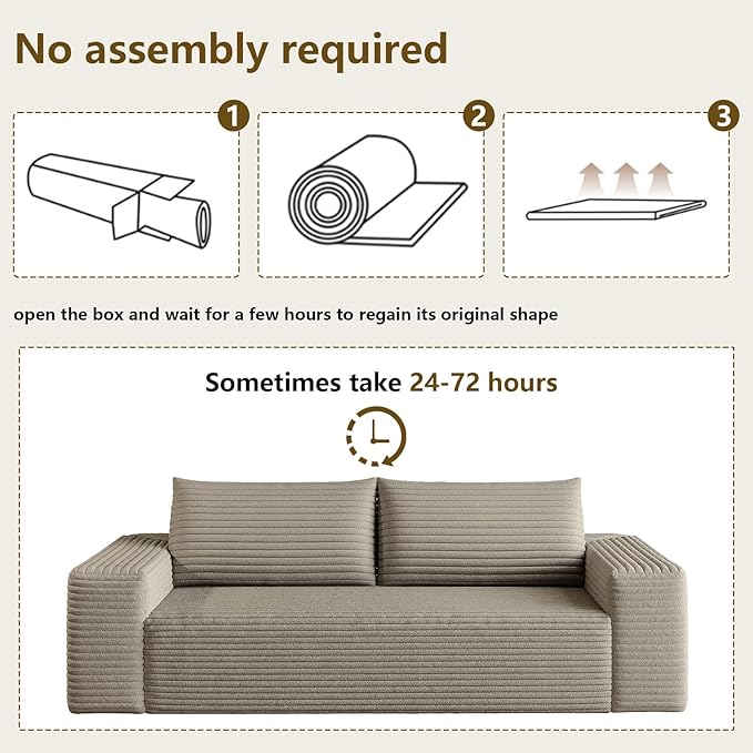 63" Boneless Loveseat Sofa - Cloud Couch with Memory Foam, Comfy Deep Seat - Corduroy Floor Sofa, No Assembly Required - Small Space Friendly for Living Room, Bedroom, Apartment, Camel