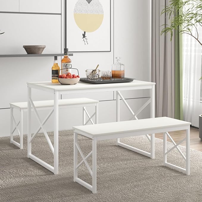 VECELO Kitchen Dining Table Benches Set for 4, 43.3" Wooden Dinette with 2 Benches, Heavy-Duty Dining Room Table for Small Space, Breakfast Nook, White