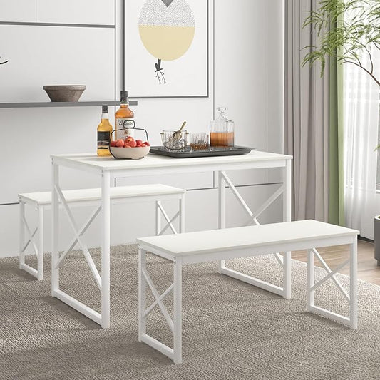 VECELO Kitchen Dining Table Benches Set for 4, 43.3" Wooden Dinette with 2 Benches, Heavy-Duty Dining Room Table for Small Space, Breakfast Nook, White