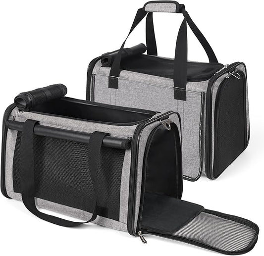 YUDODO 2 Packs 25 lbs Lightproof Soft Sided Cat Carrier for Large Cat & Small Dog Airline Approved Travel Bag Pet Puppy Carriers with Side Pockets & Reflective Mesh, Foldable Portable for Car 2 Grey