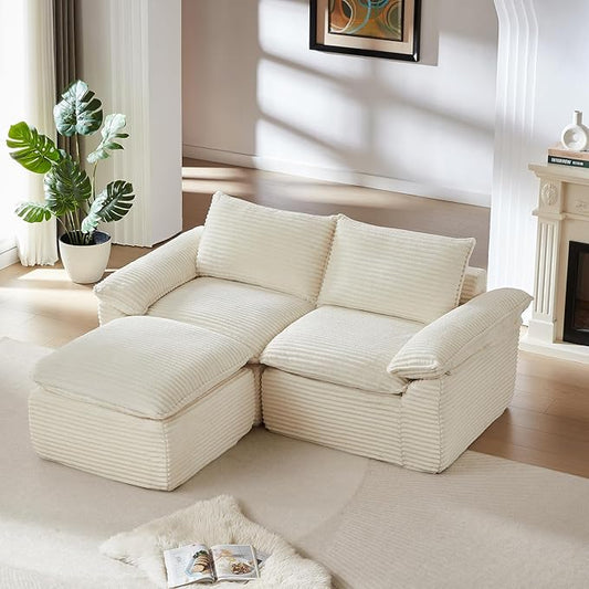 80" Cloud Sectional Couch with L-Shaped Chaise, Corduroy Sectional Sofa with Ottoman, Boneless Couch with Deep Seat in a Box for Living Room, No Assembly Required (White)