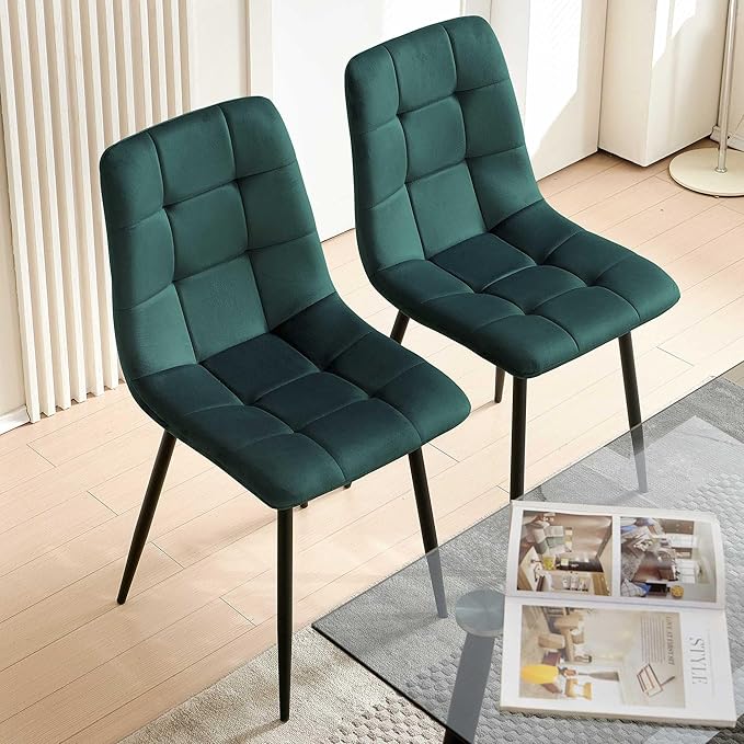 NORDICANA Forest Green Velvet Dinner Chairs Set of 4, Modern Armless Biscuit Tufted Dining Side Chairs with Metal Legs for Kitchen Living Room Vanity