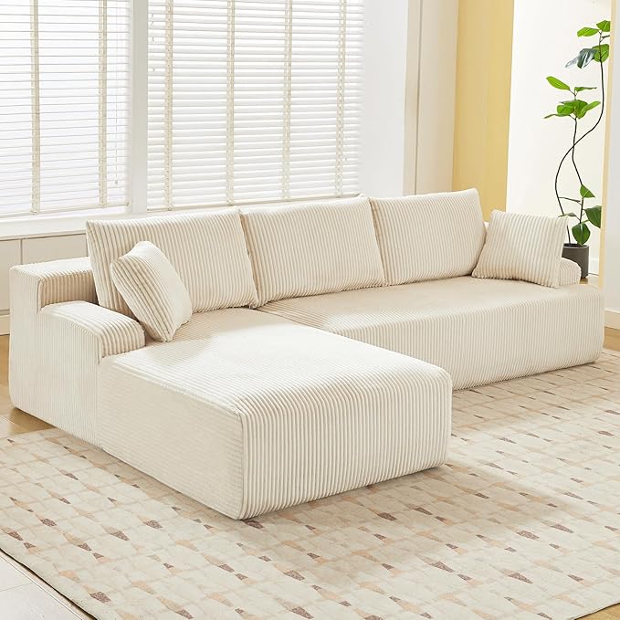 Sectional Cloud Couch for Living Room L Shaped Couch with 3 Seat Ind. Chaise Longue Corduroy Fabric Boneless Modular Modern Sofa with Pillows for Apartment and Small Space White