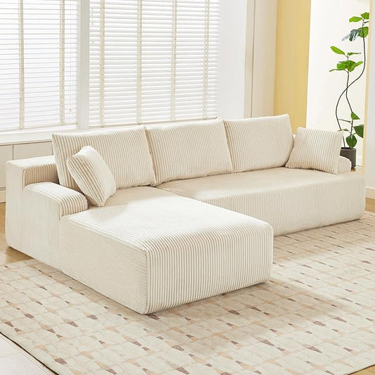 Sectional Cloud Couch for Living Room L Shaped Couch with 3 Seat Ind. Chaise Longue Corduroy Fabric Boneless Modular Modern Sofa with Pillows for Apartment and Small Space White
