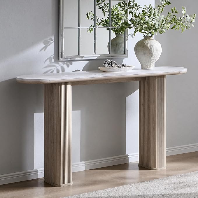 OKD 63" Modern Console Table with Arc Marble Texture Top, Fluted Wood Base, Contemporary Entryway Sofa Table for Living Room, Hallway, Foyer, White Alder
