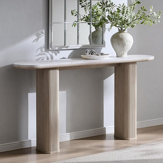 OKD 63" Modern Console Table with Arc Marble Texture Top, Fluted Wood Base, Contemporary Entryway Sofa Table for Living Room, Hallway, Foyer, White Alder