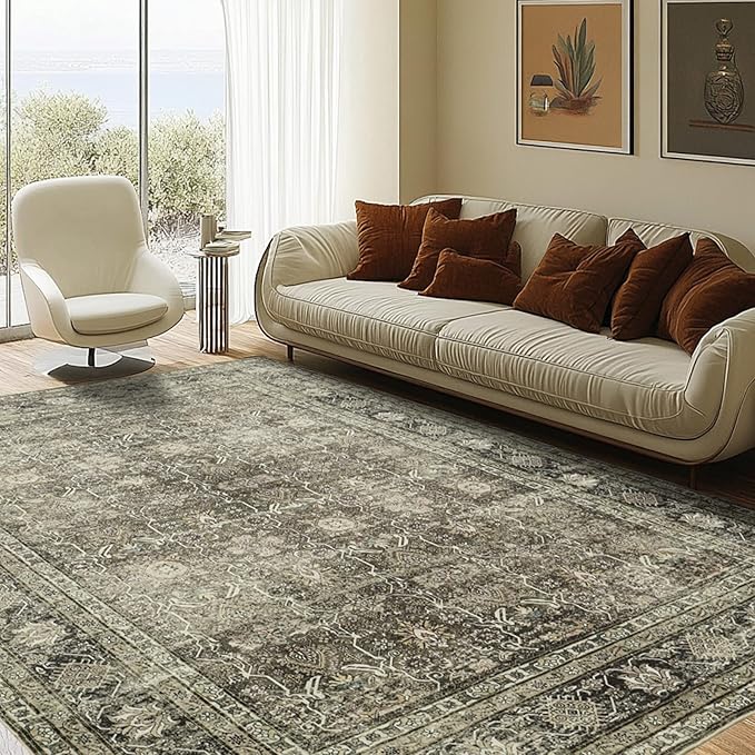 Washable Rugs 8x10 Area Rugs for Living Room- Vintage Rugs for Bedroom,Dining Room,Large Soft Low Pile Retro Carpet with Non Slip Rubber Backing,Neutral Accent Nursery Rug for Home Office Decor