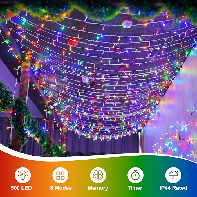 QITONG Multicolor Christmas Lights Outdoor, 165ft 500 LED String Light with 8 Modes, Clear Wire Twinkle Xmas Lights Plug-in Indoor